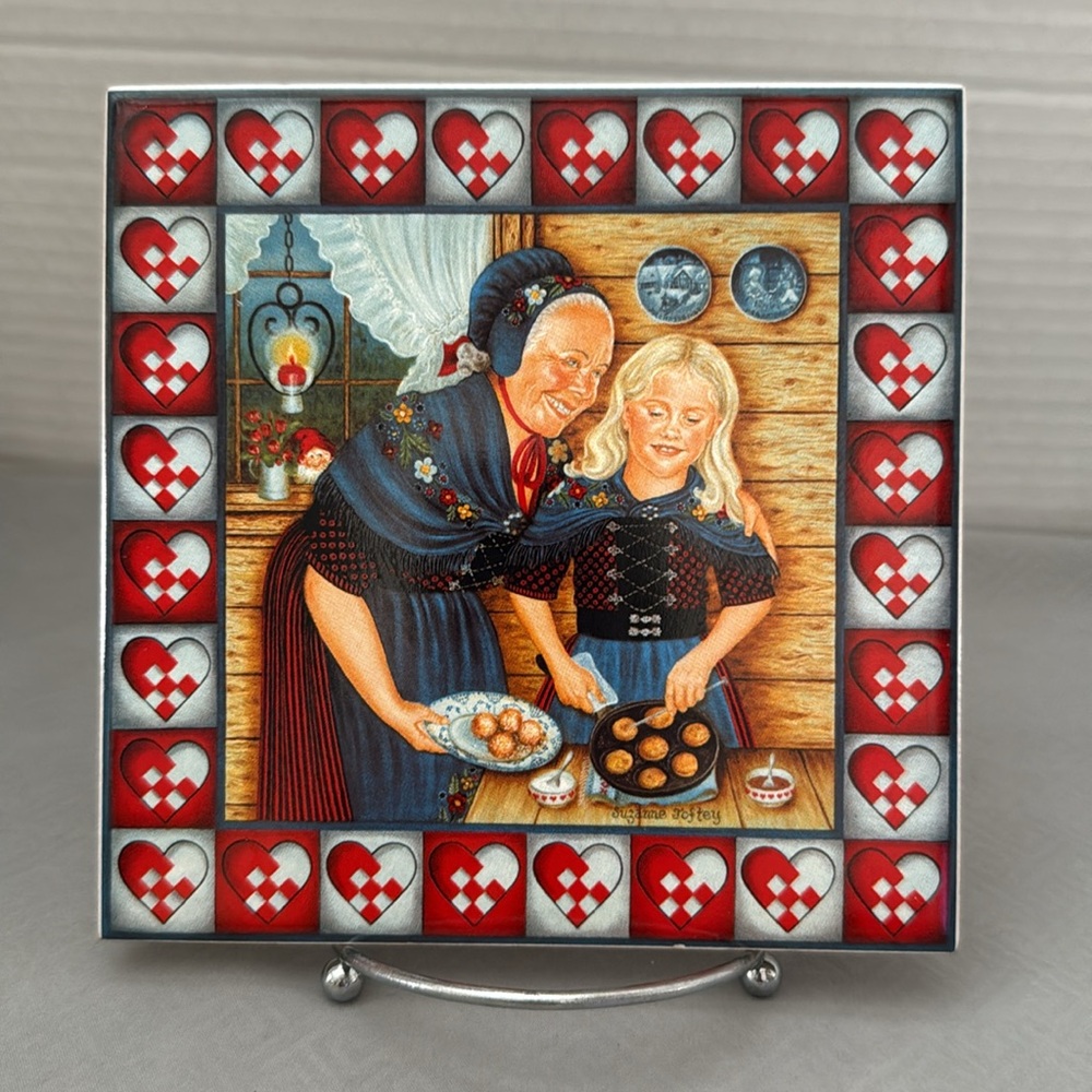 Danish Suzanne Toftey Tile Trivet Grandma Grandaughter Making Aebleskiver Donuts